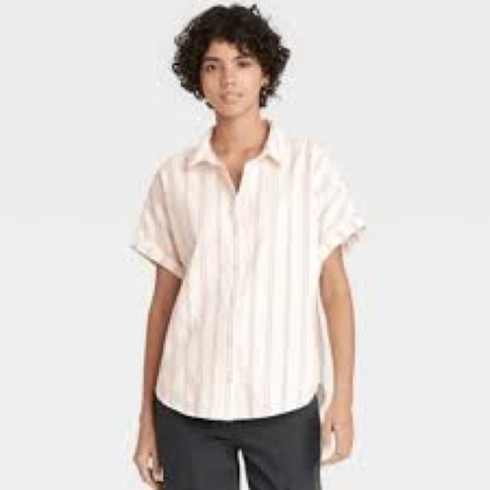 Universal Thread Linen Blend Striped Cropped Button Up Short Sleeve Shirt Large